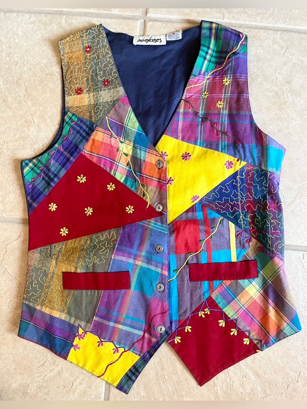 1990s No Excuses Volup Vintage Multicolor Patchwork Embroidered Sleeveless Vest